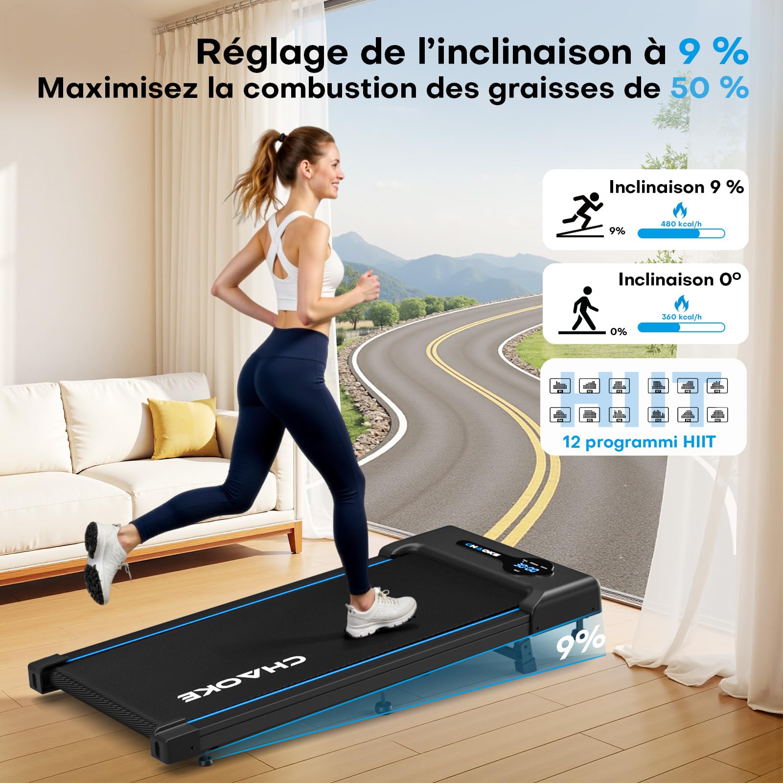 Tapis de Marche CHAOKE avec Inclinaison de 9%, Tapis de Course sous Bureau Jusqu’à 10 km/h, Moteur Silencieux de 2,75 CV, Capacité Maximale de 150 kg, avec 12 Programmes HIIT et Télécommand
