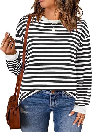 VOGRACE Womens-Plus-Size-Sweatshirts Trendy Striped Color Block Tops Casual Long Sleeve Shirts Cute Oversized Crewneck Tunics