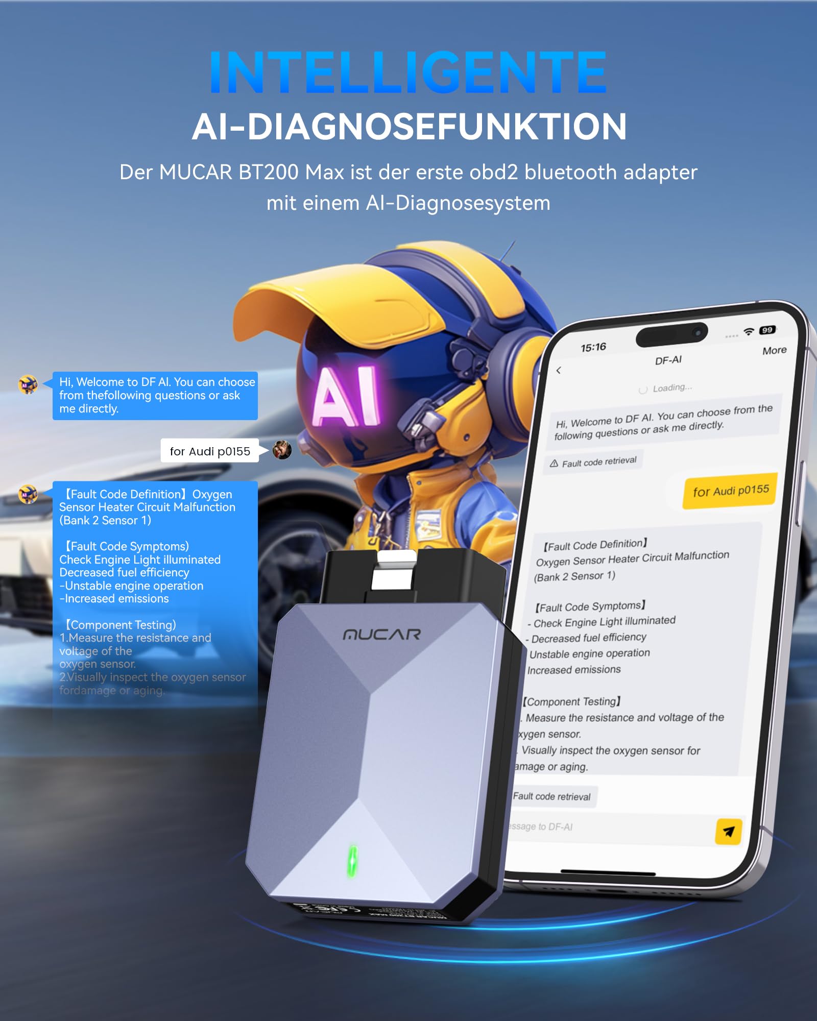 MUCAR BT200 MAX AI-Hilfsfunktion OBD2 Bluetooth Adapter, OBD2 Diagnosegerät Unterstützung ELM327, Auto Auslesegerät Mit Volle System+15 Reset, Für iOS&Android/Aktives Testen/CANFD-Kostenlose Updates