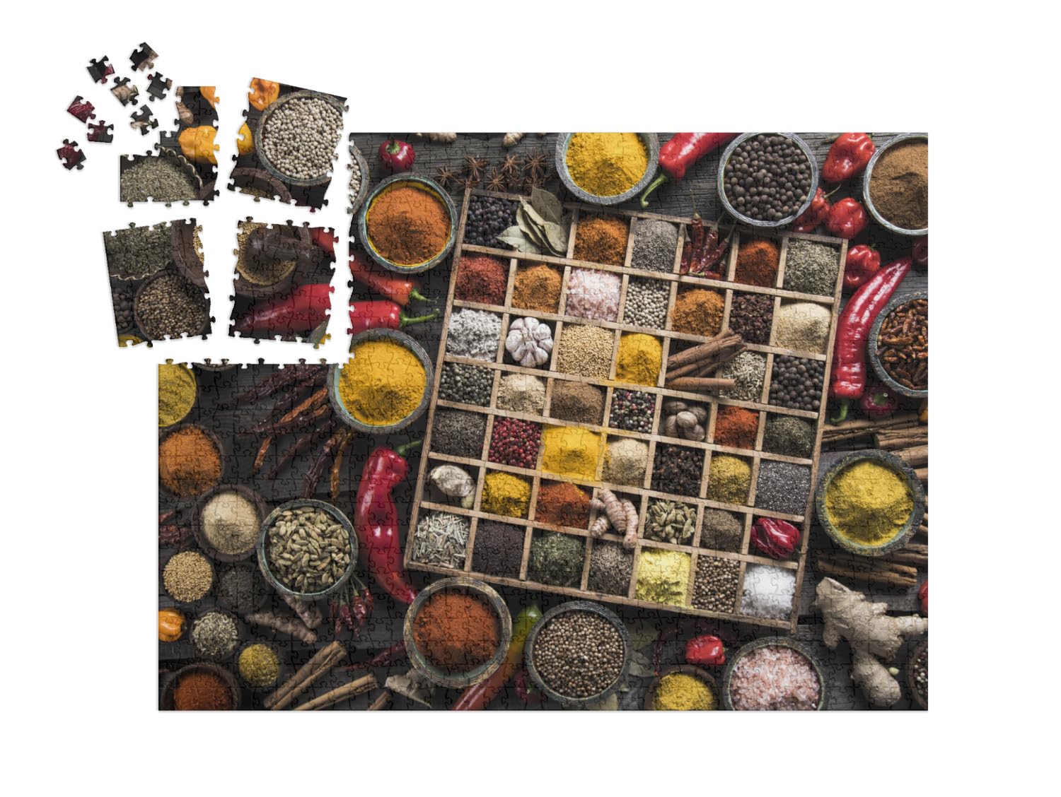 puzzleYOU: Puzzle-Adventskalender | „Holzkiste mit diversen Gewürzen und Kräutern“ – aus der Puzzle-Kollektion Gewürze