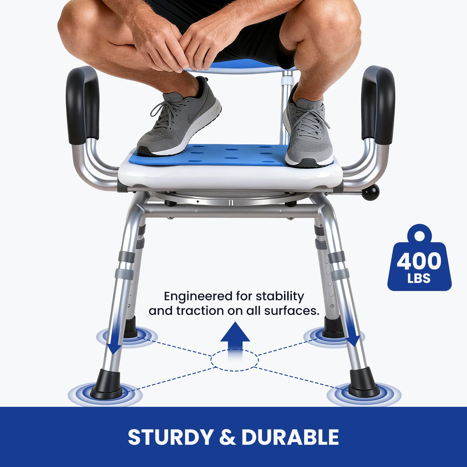 Silla de ducha giratoria de lujo con brazos y respaldo de 360°, asiento de bloqueo de 360°, altura ajustable de 5 niveles, silla de baño acolchada de alta resistencia, 300 libras, para personas