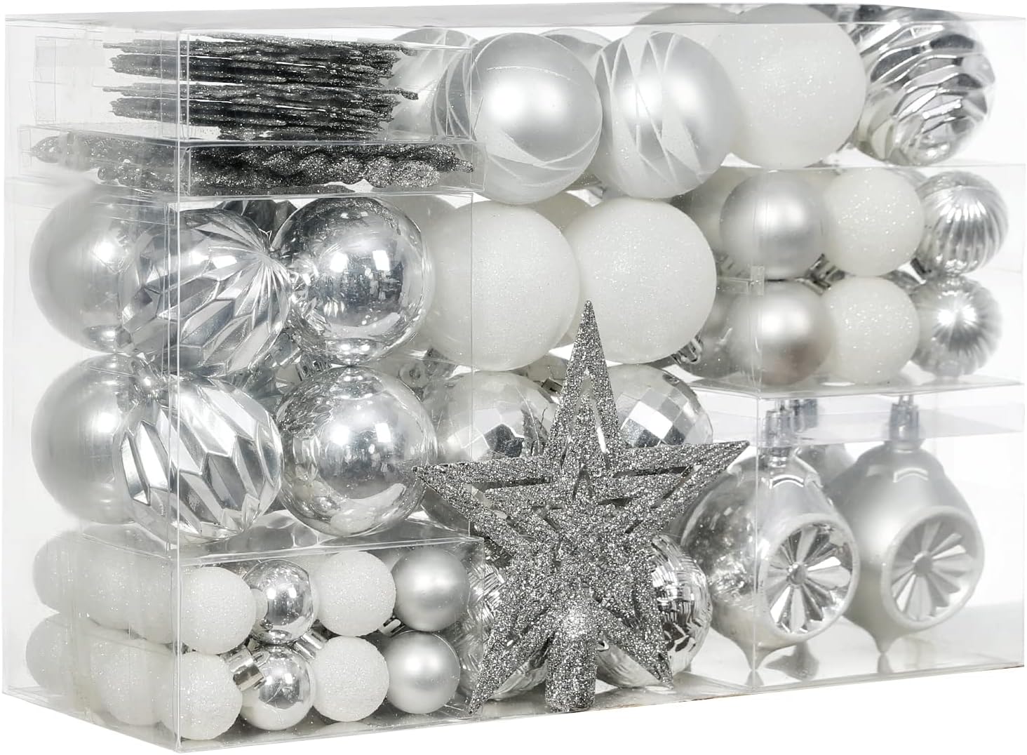 XmasExp 99-Pack Christmas Ball Ornaments Assorted Shatterproof Christmas Tree Decorations with Hand-held Gift Package for Xmas Tree,Home,Party(Silver-White)