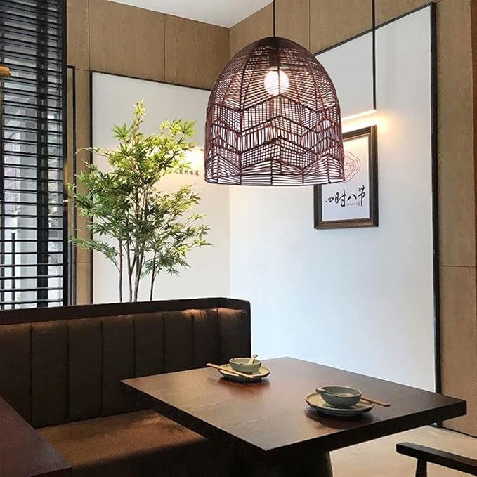 TTBDDDYH creatieve cloche vormige rotan hanglampen, Japanse stijl handgeweven koepel rieten kunst indoor kroonluchter, vintage E27 woonkamer decor weven hangende lamp beige, voor tatami theehuis photo 2