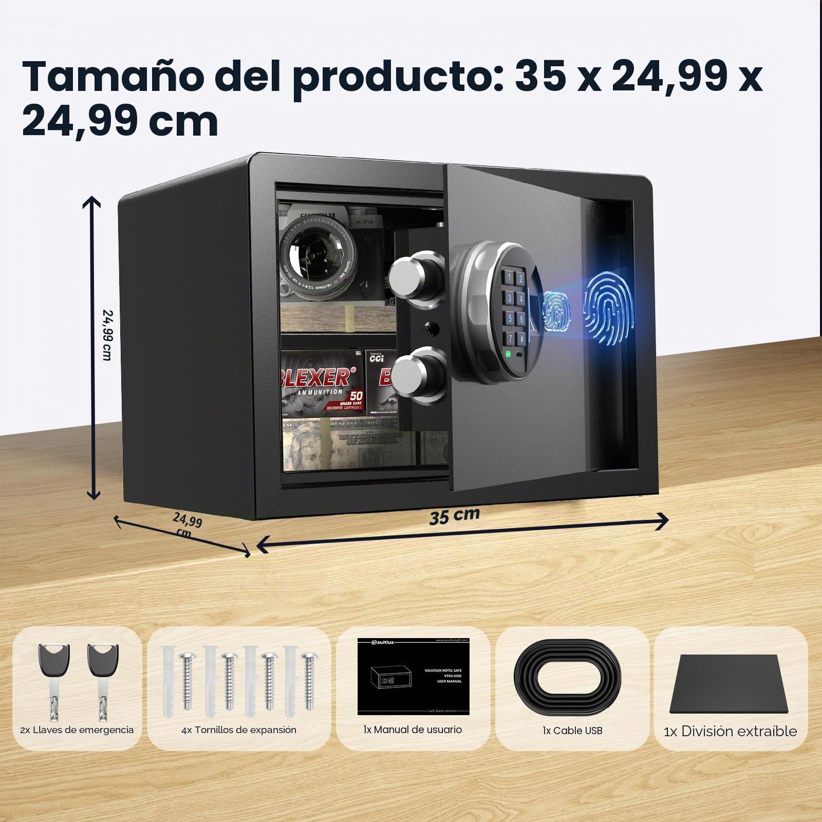 Grimtron Caja Fuerte Biométrica Inteligente - (14 litros) Caja de Seguridad con Lector de Huellas Dactilares, Modo Silencioso, Teclado Retroiluminado y Luz LED, Pequeña Caja Fuerte con Protección