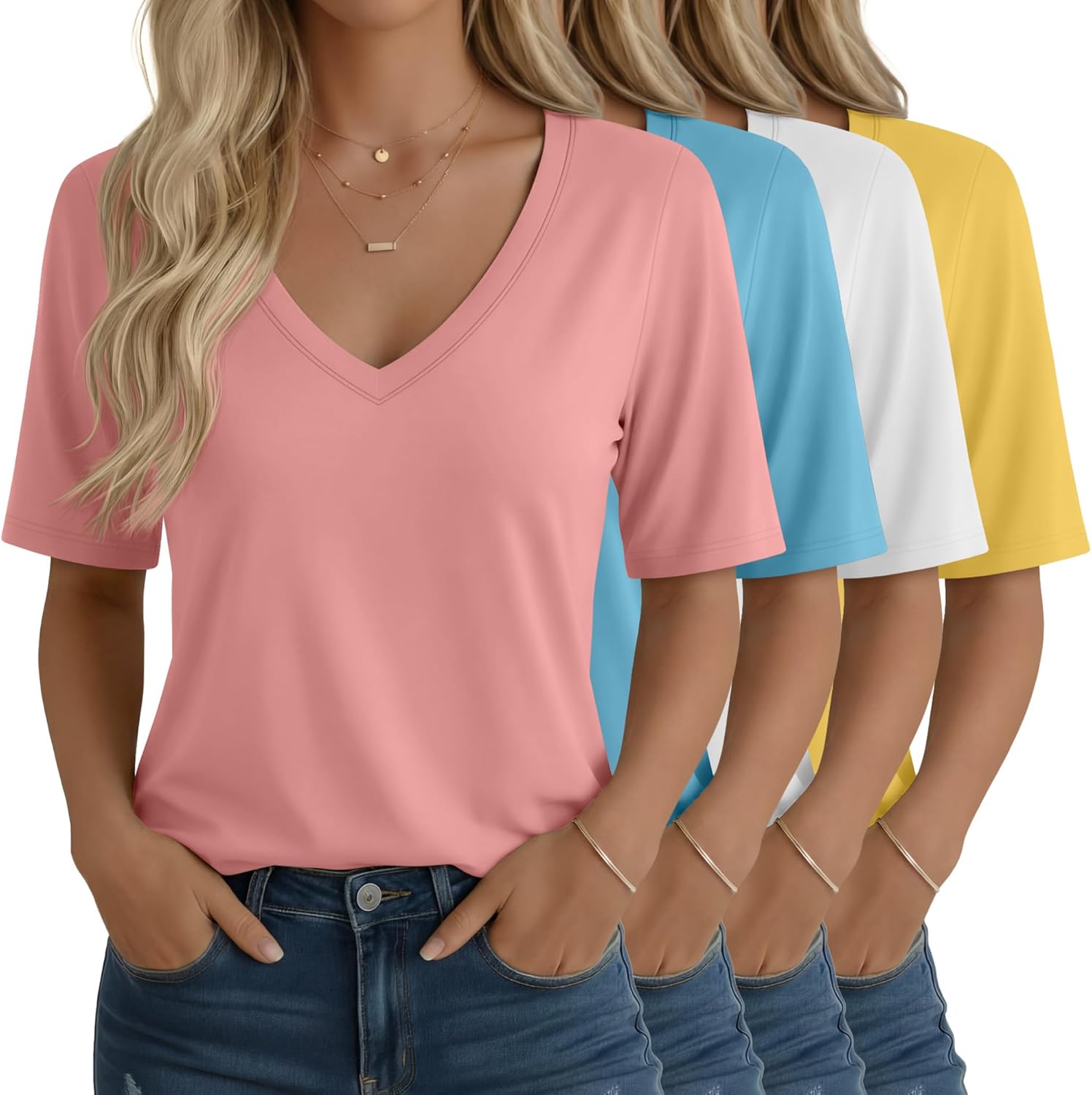 Oakgarden 4 Pack Women's Half Sleeve Shirts V Neck Tops Elbow Length Loose Fit Straight Hem T Shirts Casual Summer Tees