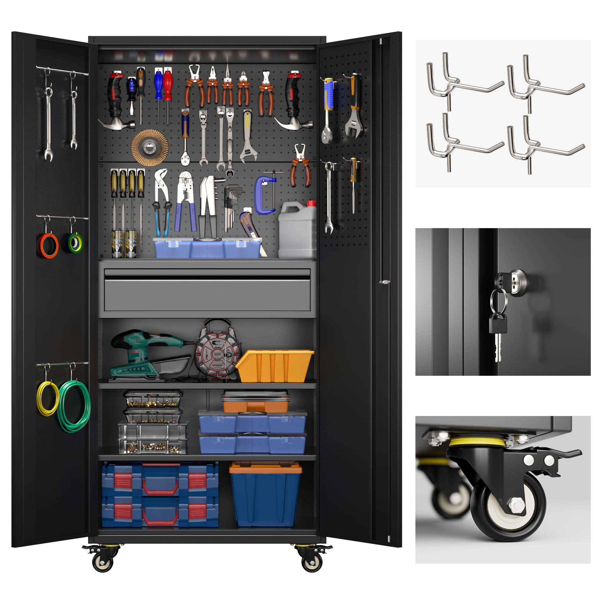 71" Metal Garage Storage Cabinet with 16 Hooks and Pegboards,1 Drawer Inside Rolling Tool Storage Cabinet with Adjustable Shelves,3 Metal Hanging Rod for Garage,WarehouseRecycled Claim Standard 100