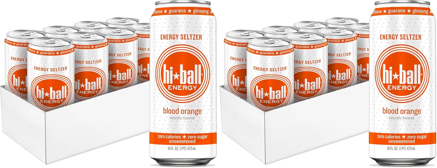 Hiball Clean Energy Drink - Blood Orange - Zero Sugar,Zero Calorie Sparkling Water with 160mg Organic Caffeine,50mg Organic Ginseng,50mg-Organic Guarana and B Vitamins - 16 fl oz,(Pack of 16)