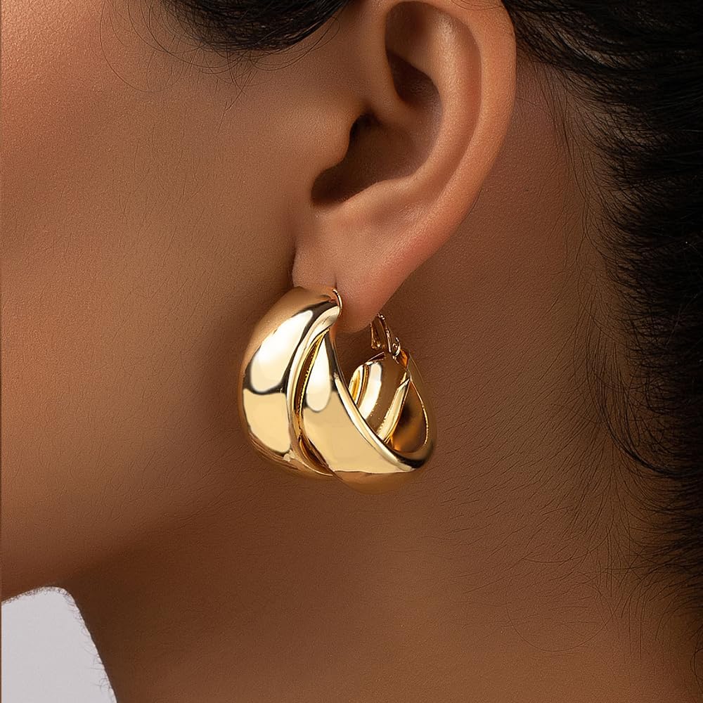 Chunky Gold Statement Earrings for Women,Trendy Geometric Twist Hoop Earrings,Simple Glossy Metal Dangle Ear Jewelry Aesthetic Accessories - Image 2