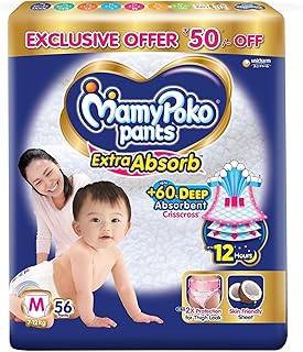 Pants Extra Absorb Baby Diapers, Medium (M Size) | 7-12 kg | 56 Count |Deep Sleep Diapers| Soft Gentle fit |Deep Absorbent Crisscross | Skin Friendly with Coconut Oil |