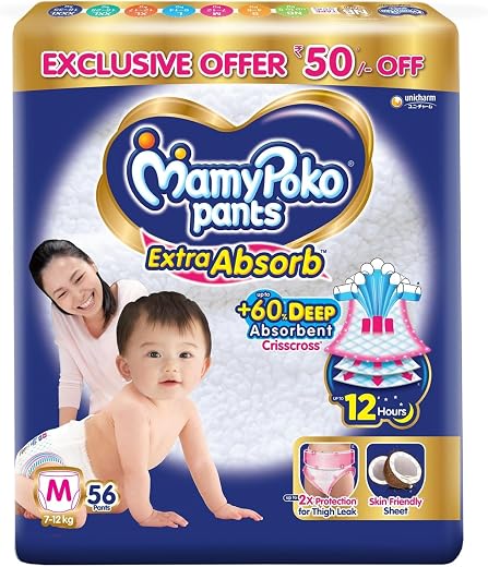 MamyPoko Pants Extra Absorb Baby Diapers, Medium (M Size) | 7-12 kg | 56 Count |Deep Sleep Diapers| Soft Gentle fit |Deep ...