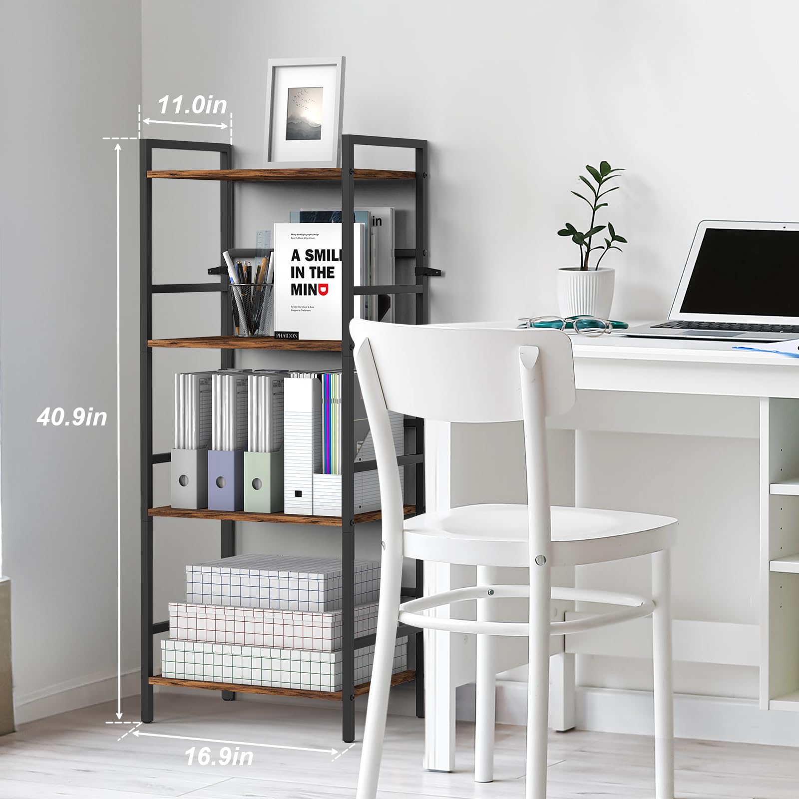 CADUKE 4-poziomowa półka na książki z miejscem do przechowywania Industrial Open Etagere Bookcase Wood Metal Book Shelf Stand Brown Regały na książki do salonu, sypialni, biura