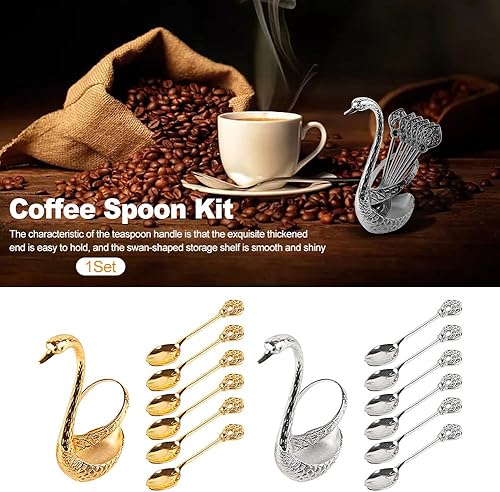 Miniatura 5 de Juego de cuchara de café con soporte, soporte para cuchara y tenedor de cisne, elegante y encantador kit de servicio decorativo para cucharas de