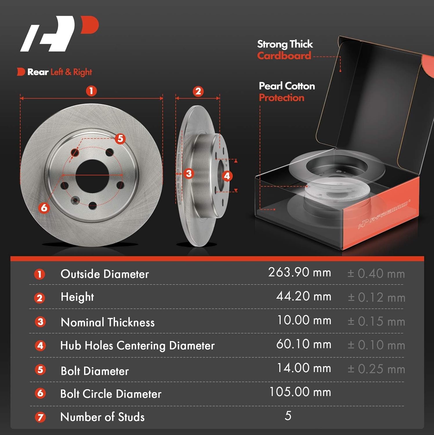 A-Premium 10.38 inch (263.9mm) Rear Solid Disc Brake Rotors + Ceramic Pads Kit Compatible with Select Chevrolet Models - Cruze 2016/2018-2019, Volt 2016-2019, Bolt EUV 2022, Bolt EV, 6-PC Set