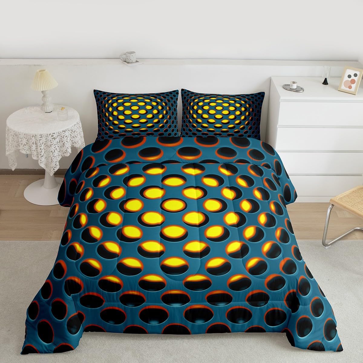 Honeycomb Down Comforter Set Hexagon Geometric Bedding Sets Beehive Comforter Set For Kids Boys Girls Reversible Black Stereoscopic Dense Hole Abstract Art Duvet Sets 3 Pieces Queen Size Blue Yellow