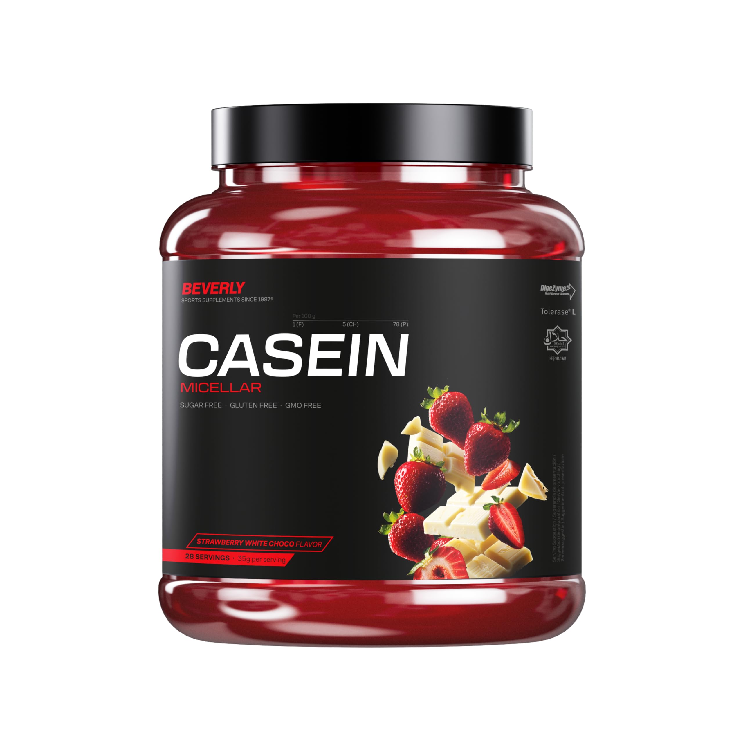 Beverly CASEIN MICELLAR | Proteína Premium de Caseína Micelar de Liberación Lenta | 1 Kg | 27 g Proteína por Ración | 28 Servicios | Recuperación Muscular (1 Kg, Chocolate blanco fresa)