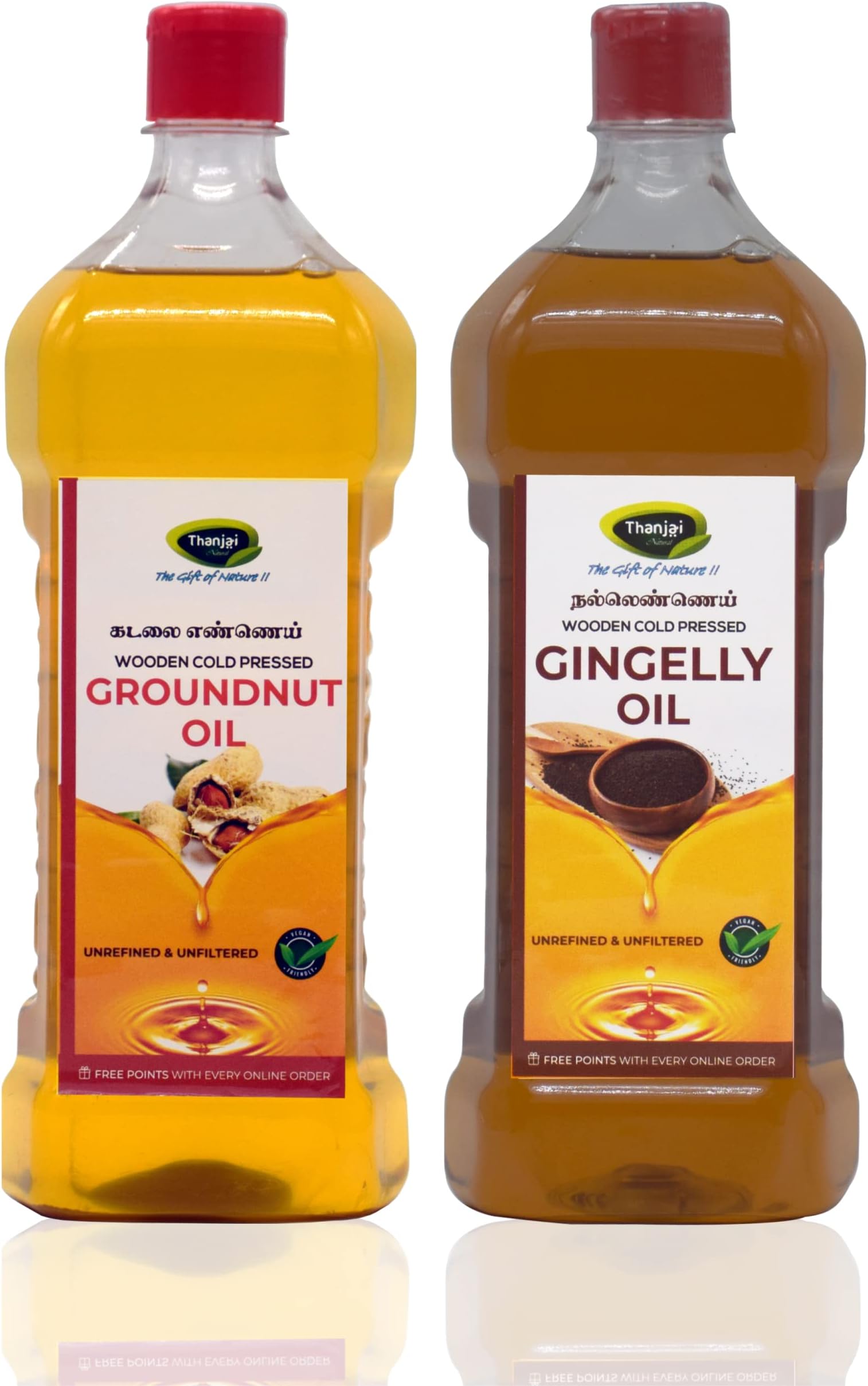 Thanjai Natural Groundnut Oil + Gingelly Oil Virgin Unrefined Wooden Cold Pressed 100% Natural Good for Cooking - Cholesterol Free + No Preservatives (Each Contains 1000ml)