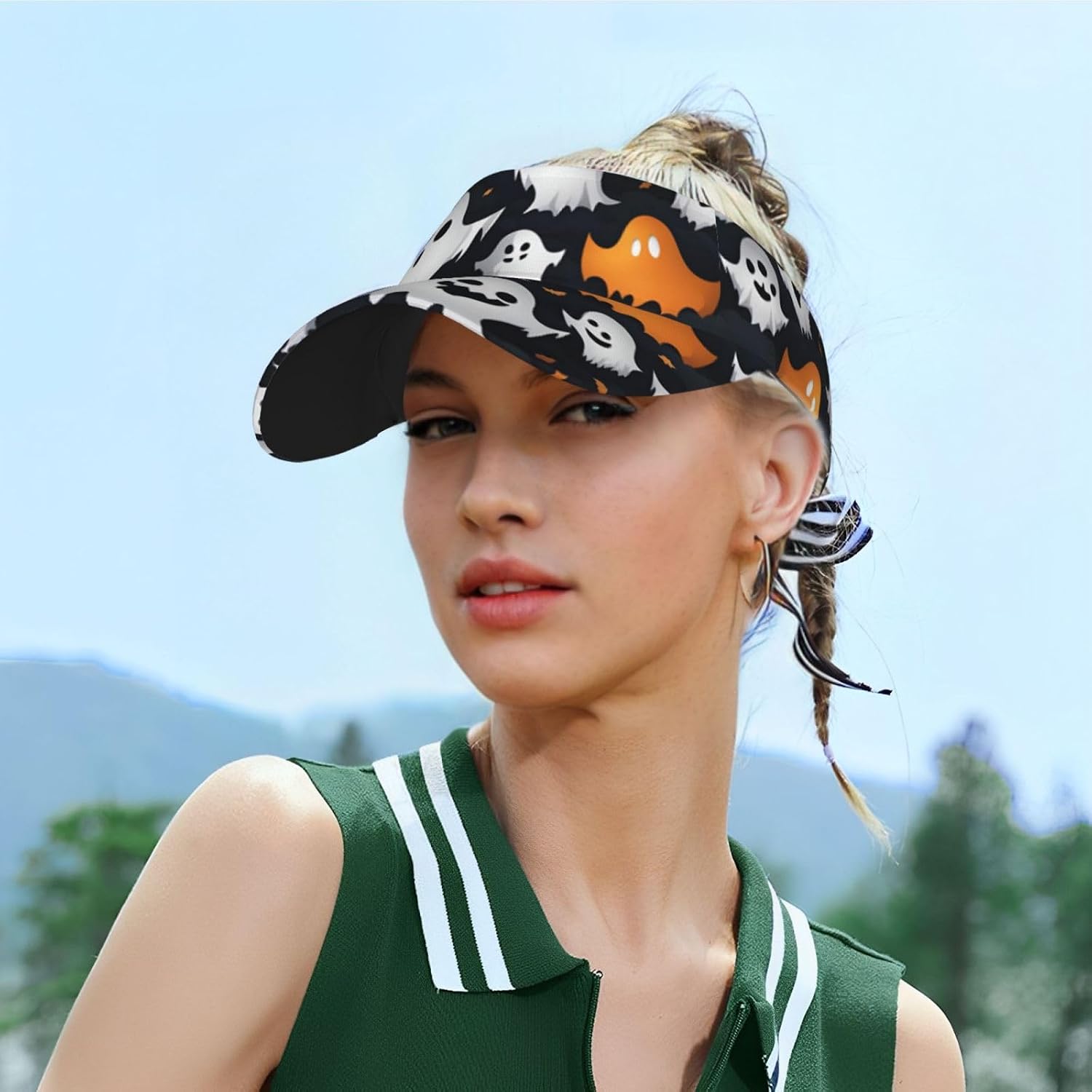 Cute White Ghost Halloween Pattern Print Sport Sun Visor Hats Adjustable Empty Top Baseball Cap Ball Caps Sun Hat for Women and Men