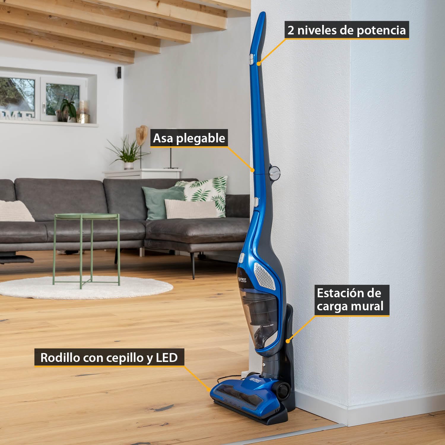 TZS First Austria Aspirador Escoba y de Mano 2 en 1 60 Minutos de autonomía | Cepillo para Suelos con luz LED | Cargador de Pared | Sin Bolsa | Inalámbrico