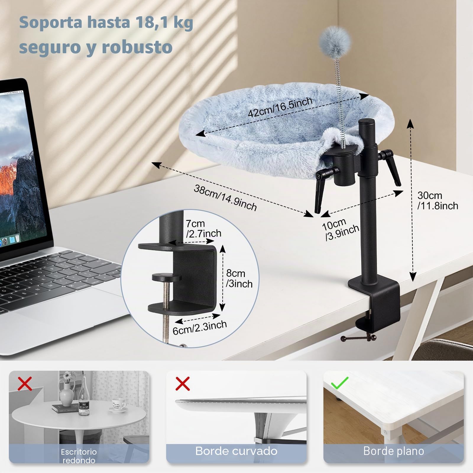 Odoland Cama para gatos para escritorio, hamaca ajustable giratoria de 360°, cómoda cama de escritorio suave para gatos con 2 telas lavables para todas las estaciones (gris)
