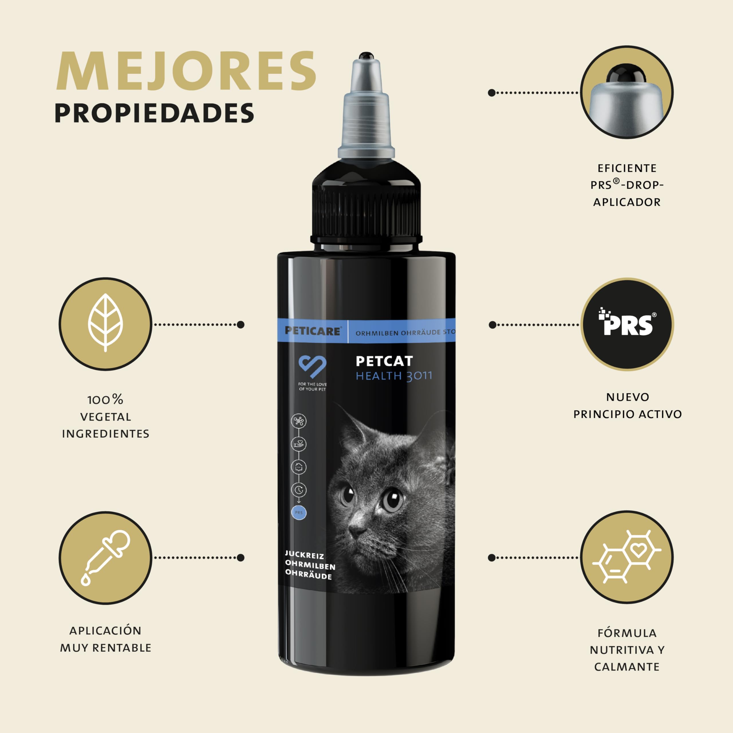 Peticare Gato Aceite de Cuidado Limpiador para Acaros del Oido y Anti-Parasitos - Gotas de Tratamiento, Limpia Eficazmente Orejas, Detiene Otitis Parasitaria - petCat Health 3011