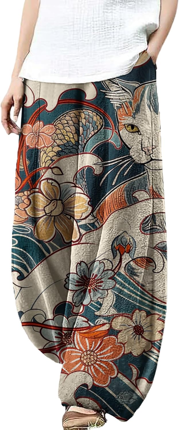 MARSVOVO Wide Leg Pants Woman Lounge Casual Cute Print Harem Pants Plus Size Elastic Travel Palazzo Pants with Pockets