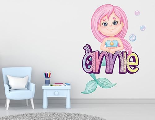 Miniatura 3 de Calcomanía de pared de sirena con nombre personalizado, calcomanías de pared de sirena, decoración de habitación de sirena para dormitorio de niñas,