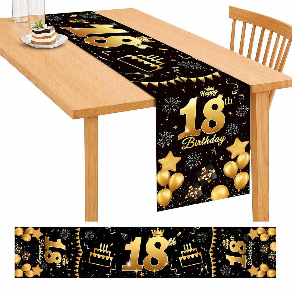 18th Birthday Table Runner Black Gold Polyester Party Decoration
