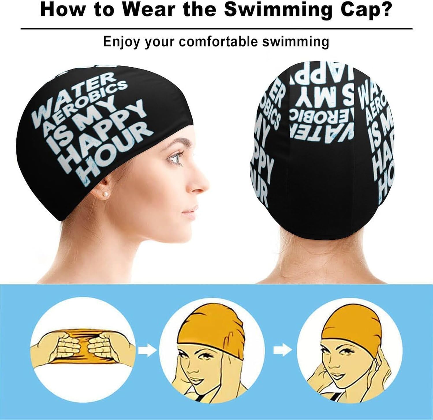 Water Aerobics is My Happy Hour Womens Swim Cap for Men Adult Swimming Hat Curly Short Medium Long Hair