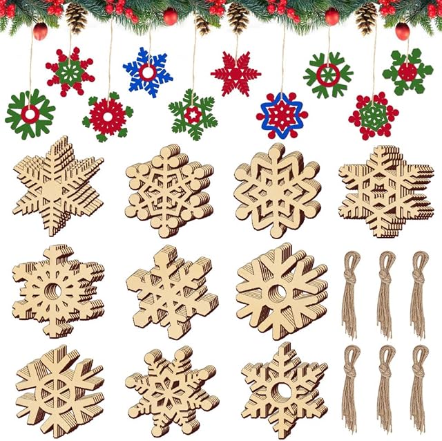 UCNOGIM 60 Pcs Wooden Snowflakes, Christmas Wooden Snowflake Ornaments Cutouts Snowflake Embellishments Unfinished Snowflake Box Twine Hanging with Jute Cords for Christmas Tree Kid Craft Xmas Decor