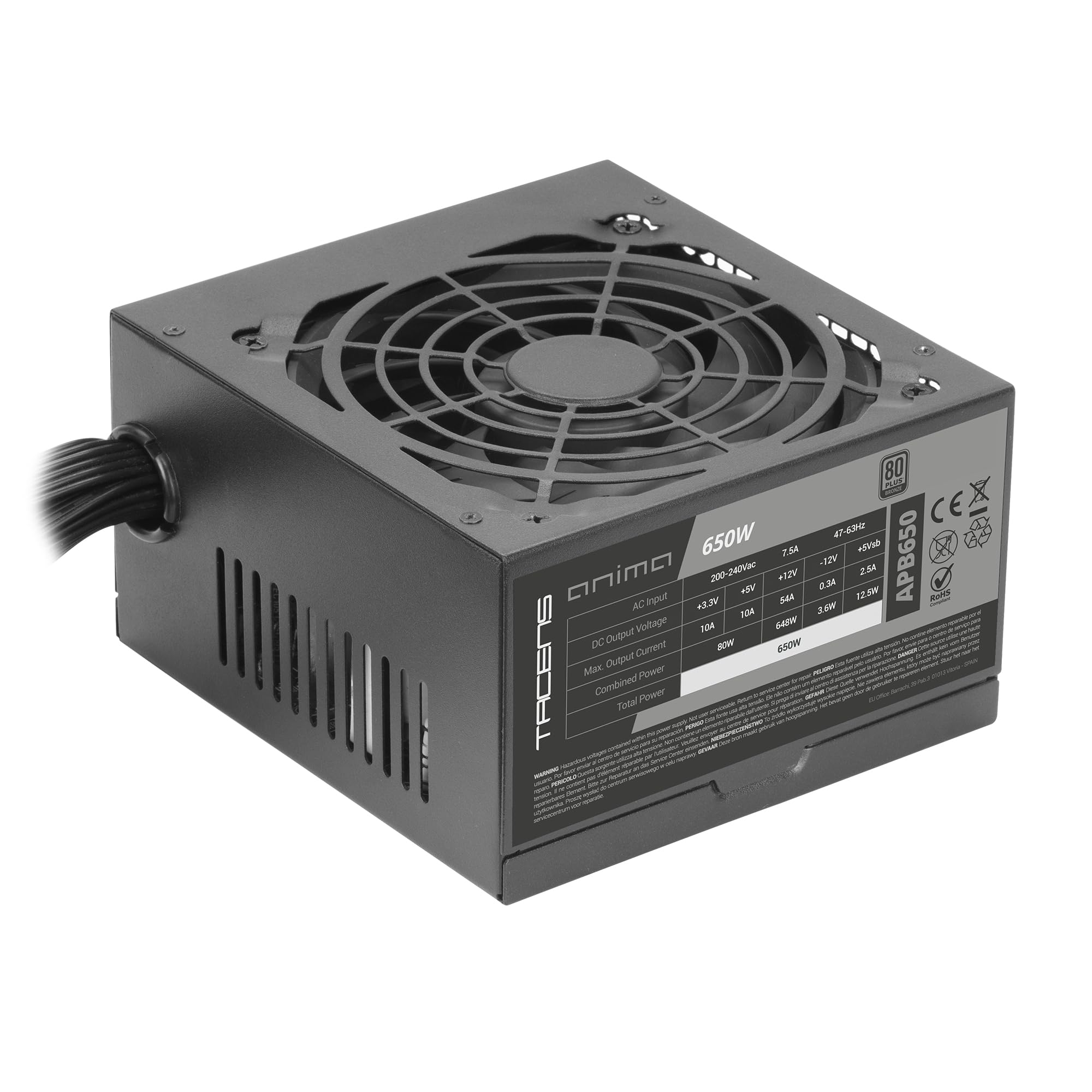 TACENS ANIMA APB650, Fuente Alimentación PC ATX 650W, Certificado 80Plus Bronze, 85% Eficiencia, Tecnologías SMD y DC-DC, Ventilador Ultra-silencioso 12cm, Cables Planos Extralargos, Negro