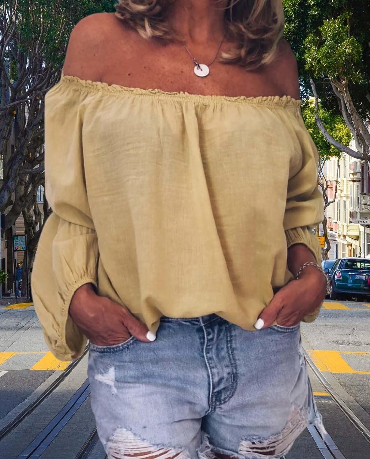 Womens Linen One Shoulder Top Stylish Cotton Long Sleeve Ruffle Balloon Sleeve Shirt for Casual Elegance - Image 6