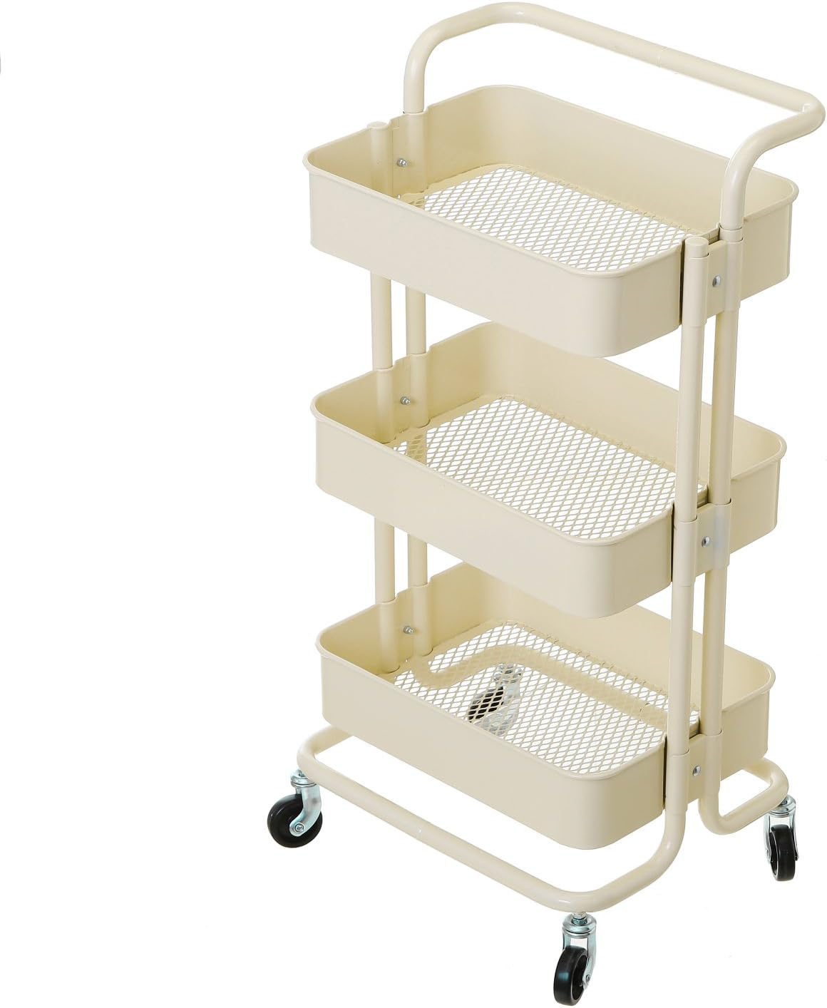 Storage Utility Cart 3-Tier Metal Rolling Cart with Wheels Handles Beige