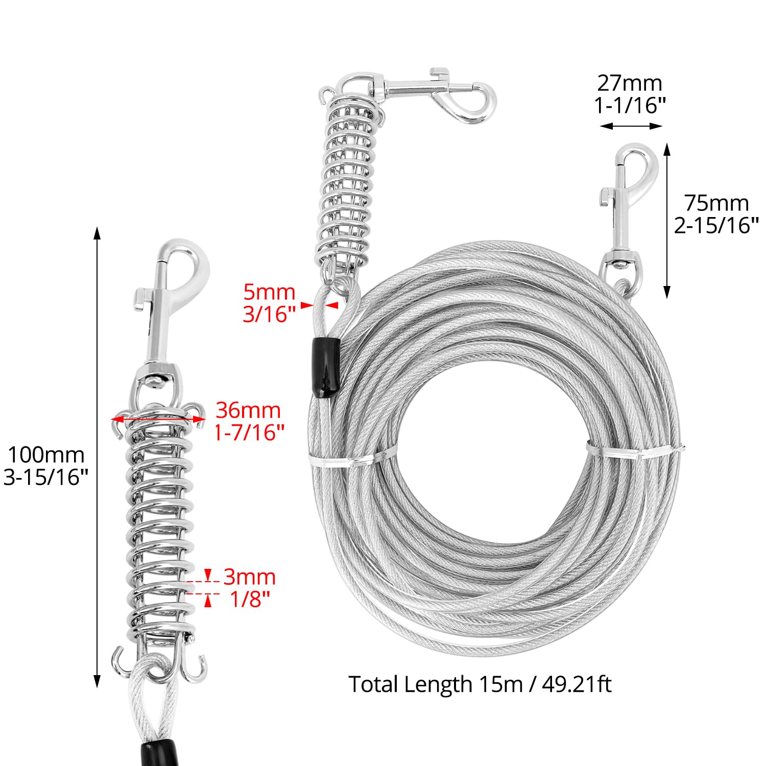 QWORK® Longe pour Chien 15m, Laisses pour Chiens Φ5 mm avec Ressort et Crochet, Laisses pour Chiens, pour Course, Camping