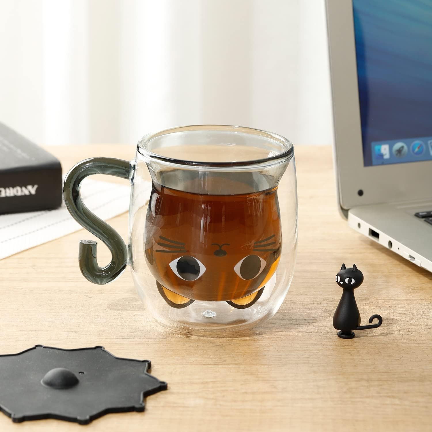 Double walled glass cat mug
