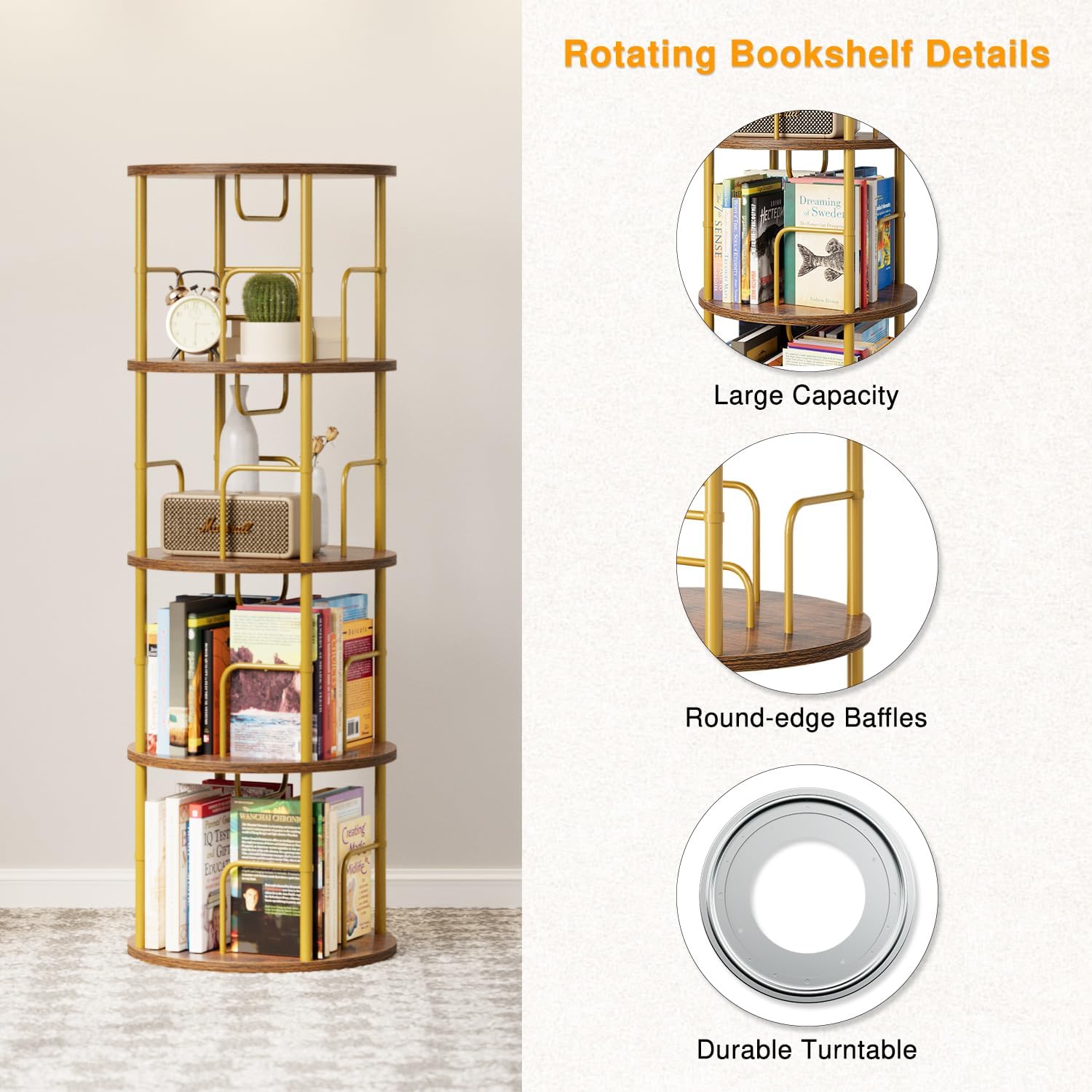 APPOLYN 4 Tier Rotating Bookshelf, 360 Display Spinning Corner Bookshelf, Space Saving Metal Frame Bookcase for Living Room, Office, Bedroom, Gold