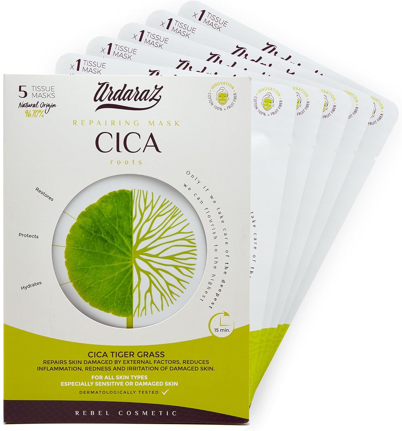 Hydraterend, herstellend, verzachtend en versterkend gezichtsmasker geïmpregneerd met CICA Serum, centella asiatica. Set van 5 gezichtsmaskers.