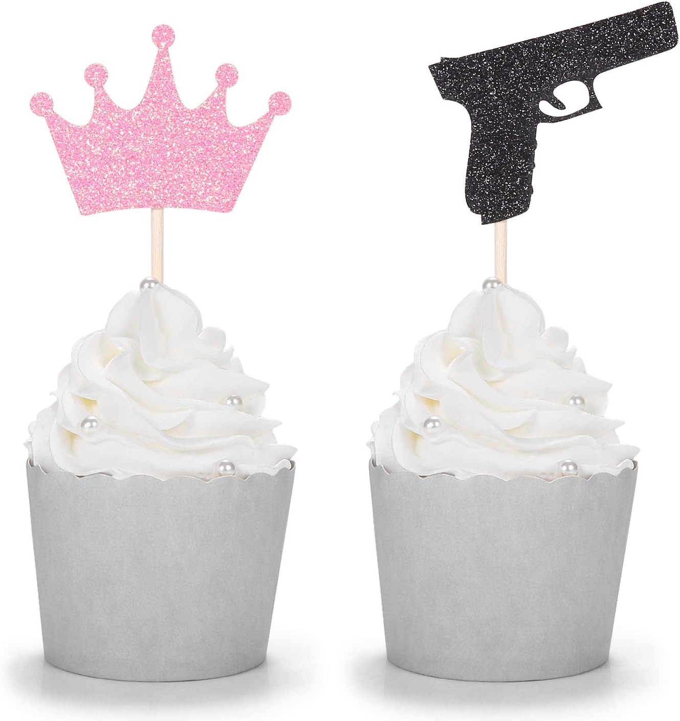 24 PCS Glitter Guns or Bows Cupcake Toppers Gender Reveal Party Decorations