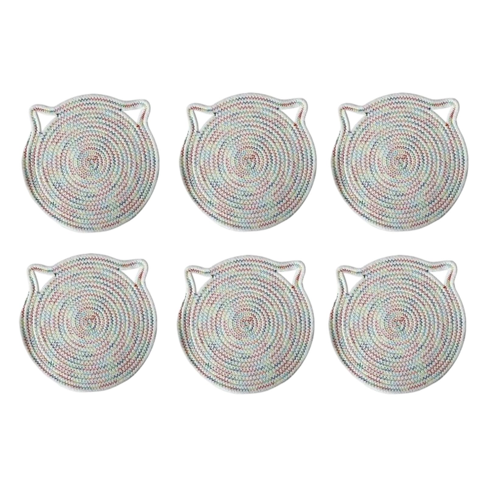 6Pcs Adorable Coasters Cats Ear Shape Table Mats Absorbent Braided Cotton Fabric Drink Coasters Protect Wooden Table Washable Cotton Placemat