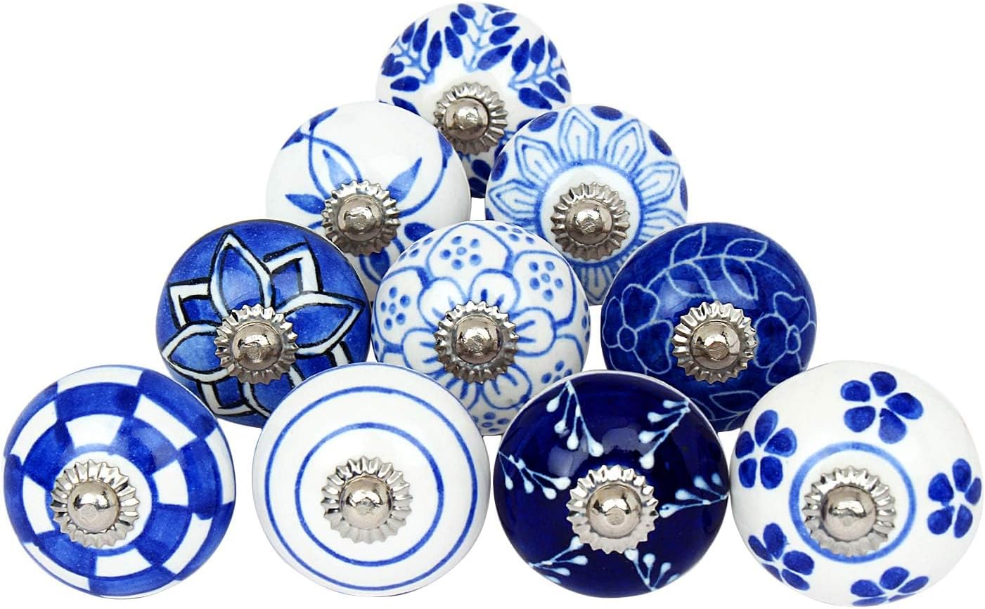 10 Blue and White Hand Painted Ceramic Knobs Cabinet Knobs Kitchen ...