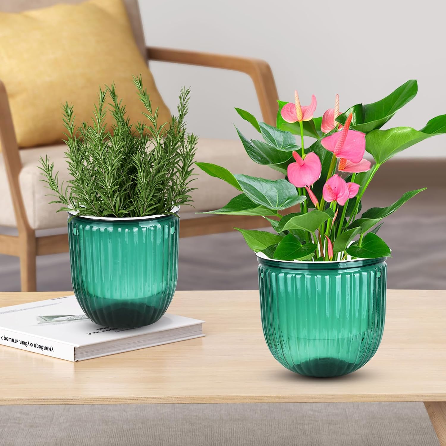 4Pcs Self Watering Hanging Planter, 6.5'' 4.5'' Hanging Plant Pots with Drainage Holes,Plastic Hanging Plant Flower Pots Baskets,Visible Hanging Planters for Indoor Plant Garden Home(Emerald)