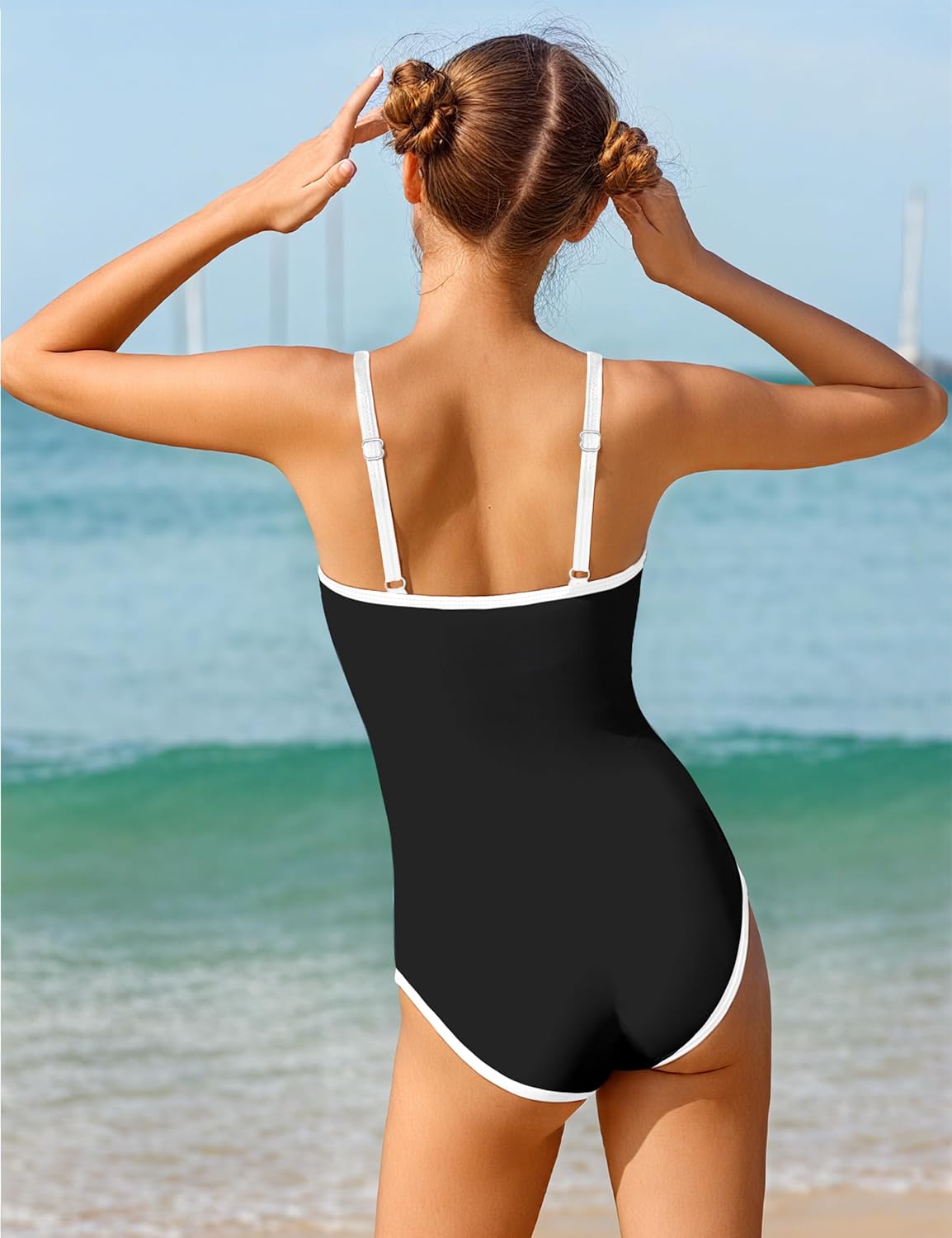 WIQI Girls Swimsuit One Piece Bathing Suit Color Contrast Trim Girls' Swimwear with Cover Up Skirt Size 9-16 - Image 4