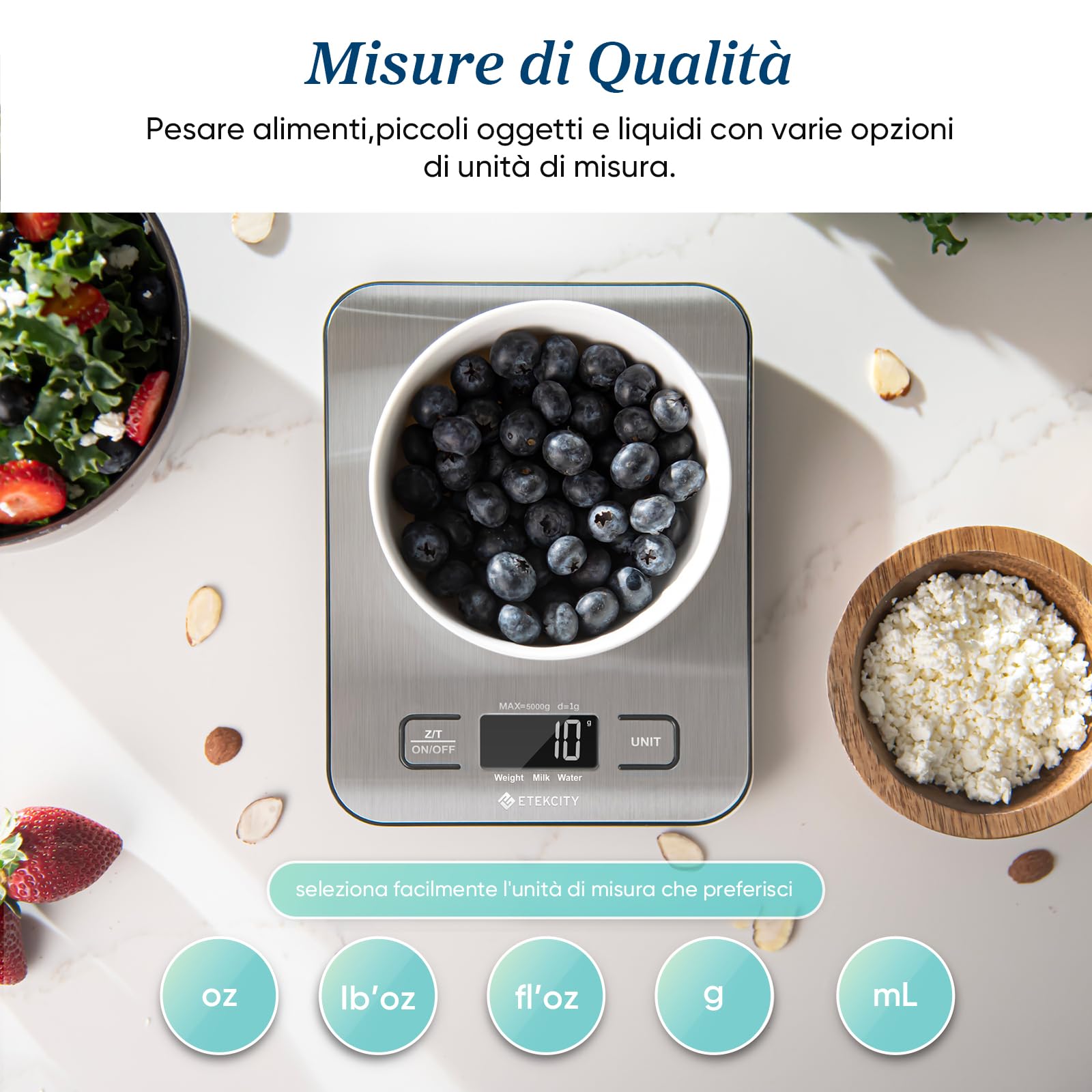 ETEKCITY Bilancia da cucina digitale elettronica da 5 kg con grande display LCD, bilancia da cucina ultra sottile, in acciaio inox, misurazione dei liquidi, alta precisione fino a 1 g, funzione tara