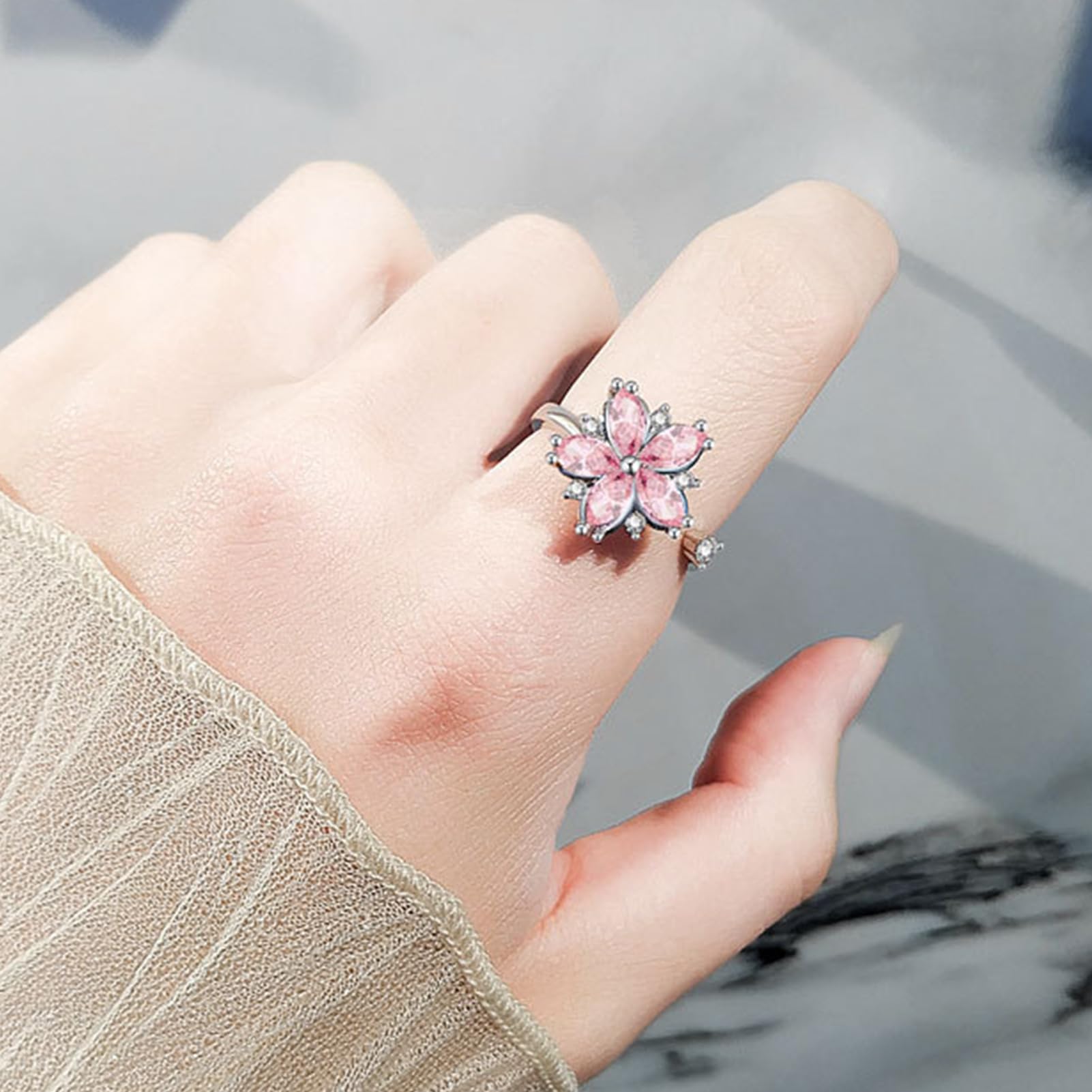 Spinner Ring, Fidget Ringer Finger, Adjustable Floral Design Distress Reliever Aid, Stress Rings Bands for Women, Workplace, Airplane, Meditation Focus, Color Silver with Pink