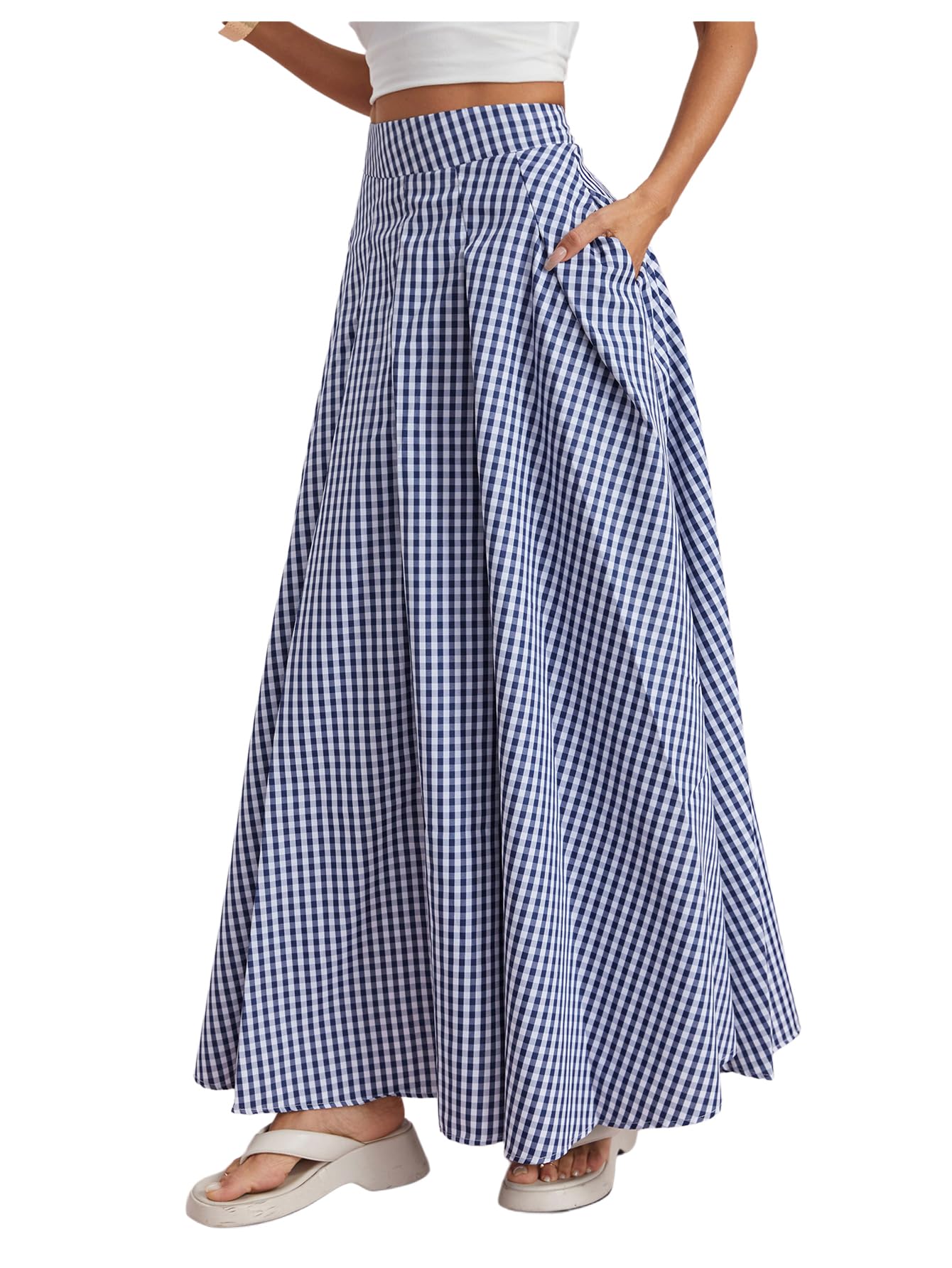 MakeMeChic Womens Gingham Maxi Skirt High Waist Flowy Loose Fit Y2k Long Skirts with Pocket