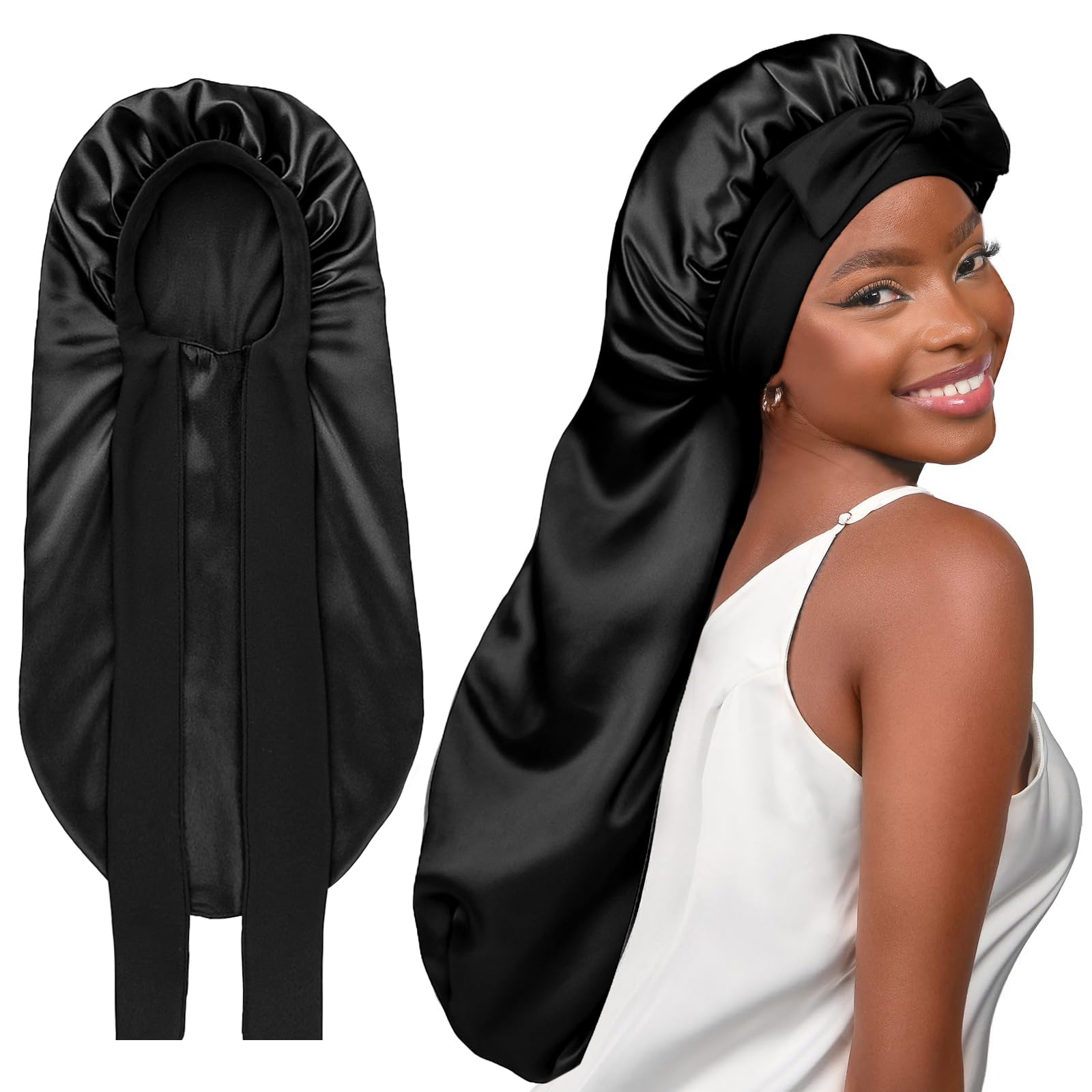 YANIBEST Silk Bonnet for Sleeping and Braids - Long Hair Tie Band for Black Women With Curly Hair, Locs - Black