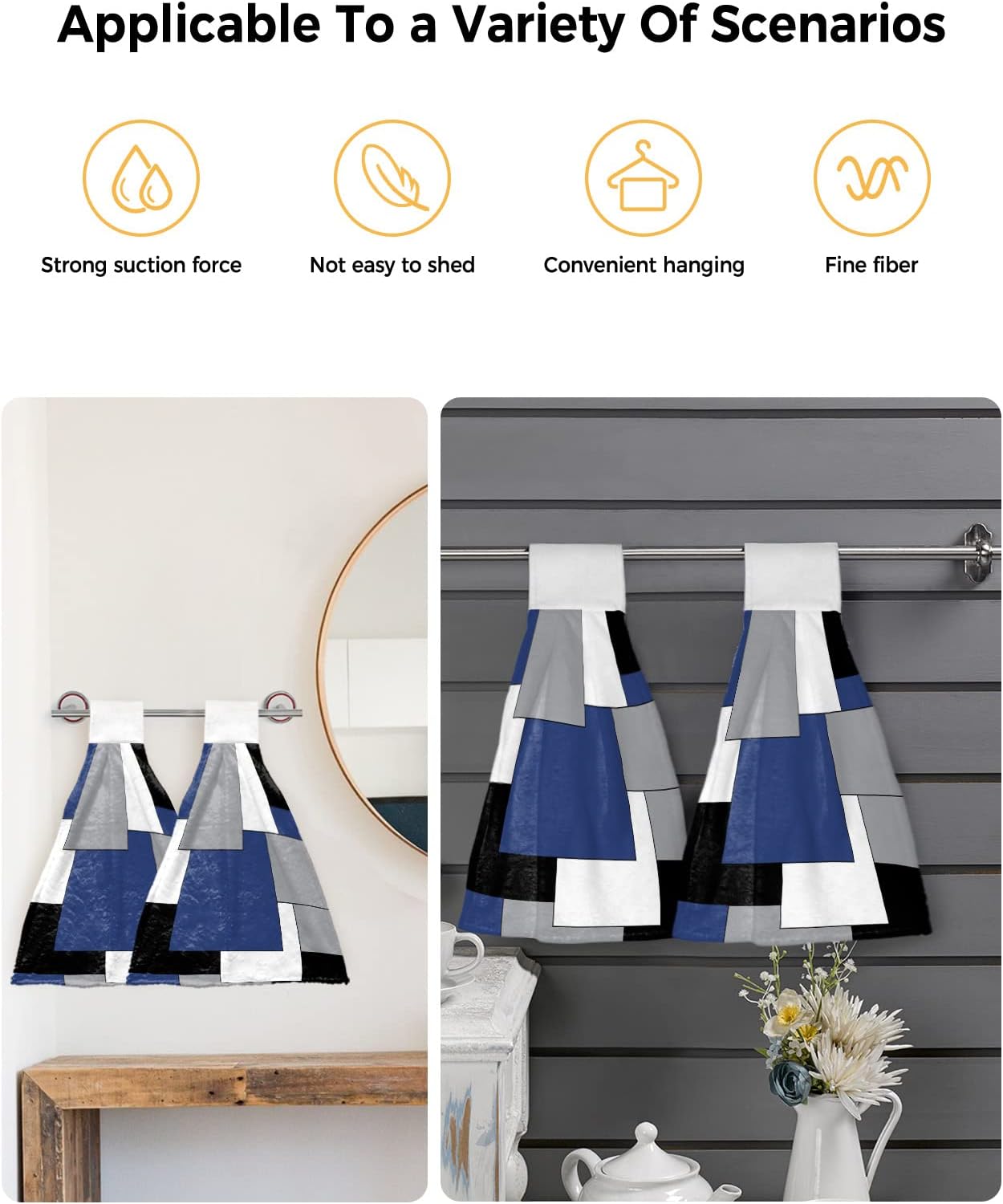 Navy Blue and Black Modern Color Block Kitchen Hand Towels with Hanging Loops,Geometric Gray White Patckwork Plaid Super Soft Thick Fingertip Dry Microfiber Tie Dish Towel Cleaning Washcloth Set of 2