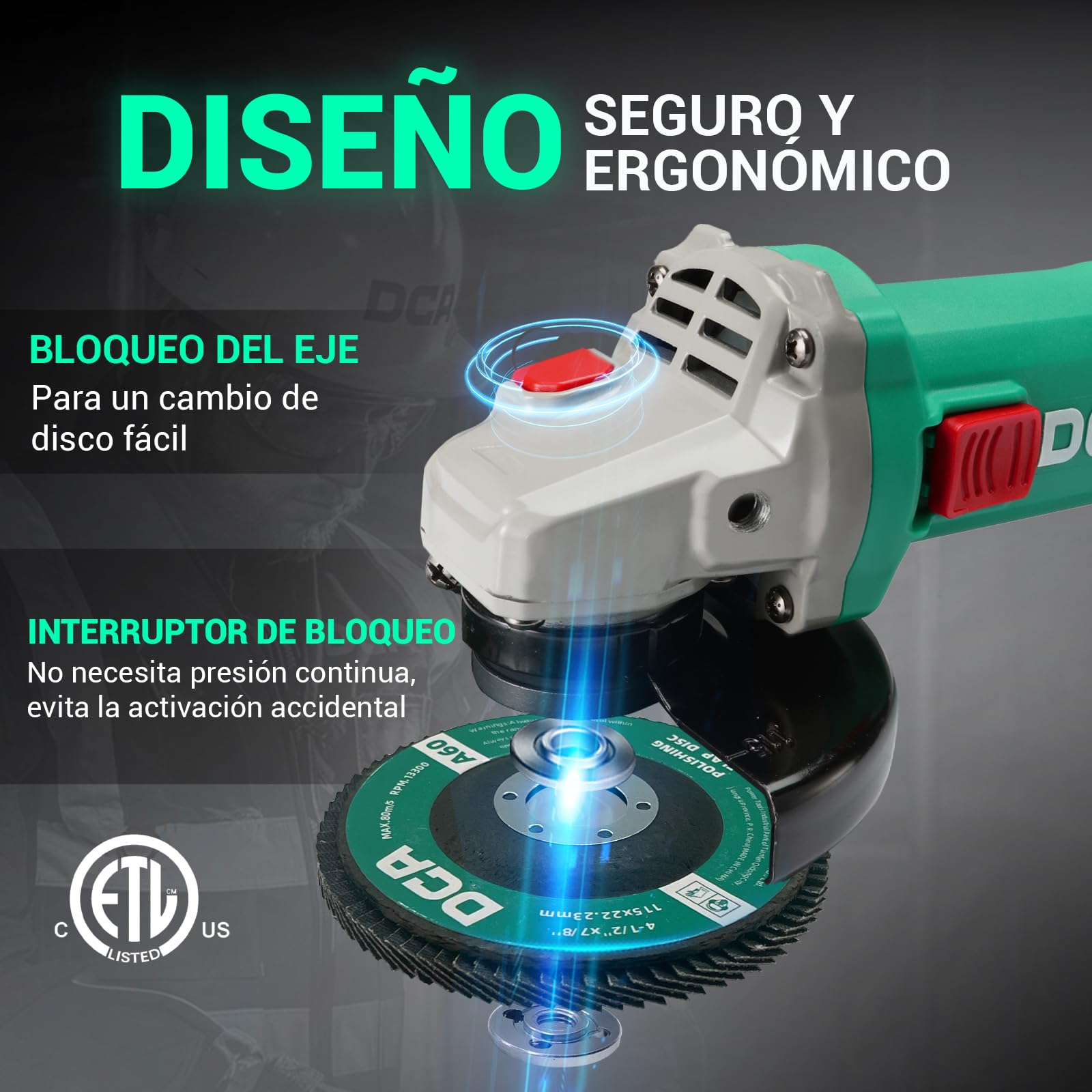 DCA Amoladora Angular 860W 125 mm, 11.800 rpm, Cuerpo Ultra Fino (Circunferencia 178 mm), Carcasa de Engranajes Compacta, 1,6 kg Ligera Radial para Corte y Lijado