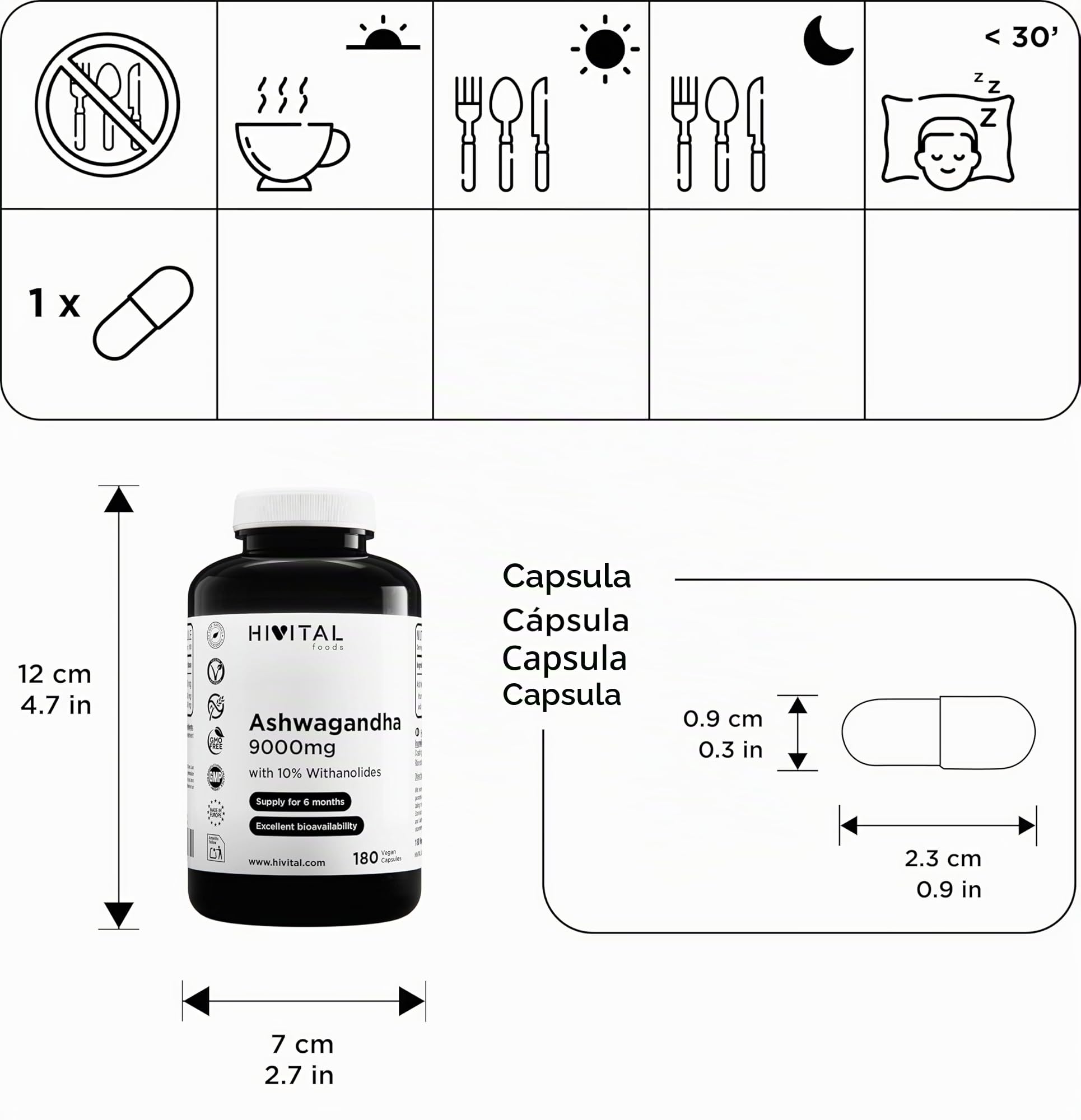 Ashwagandha 9000 mg. 180 capsule vegane per 6 mesi di trattamento. Estratto Naturale di Withania Somnifera con il 10% di Withanolidi. Estratto di massimo assorbimento. Ginseng Indiano. Da HIVITAL