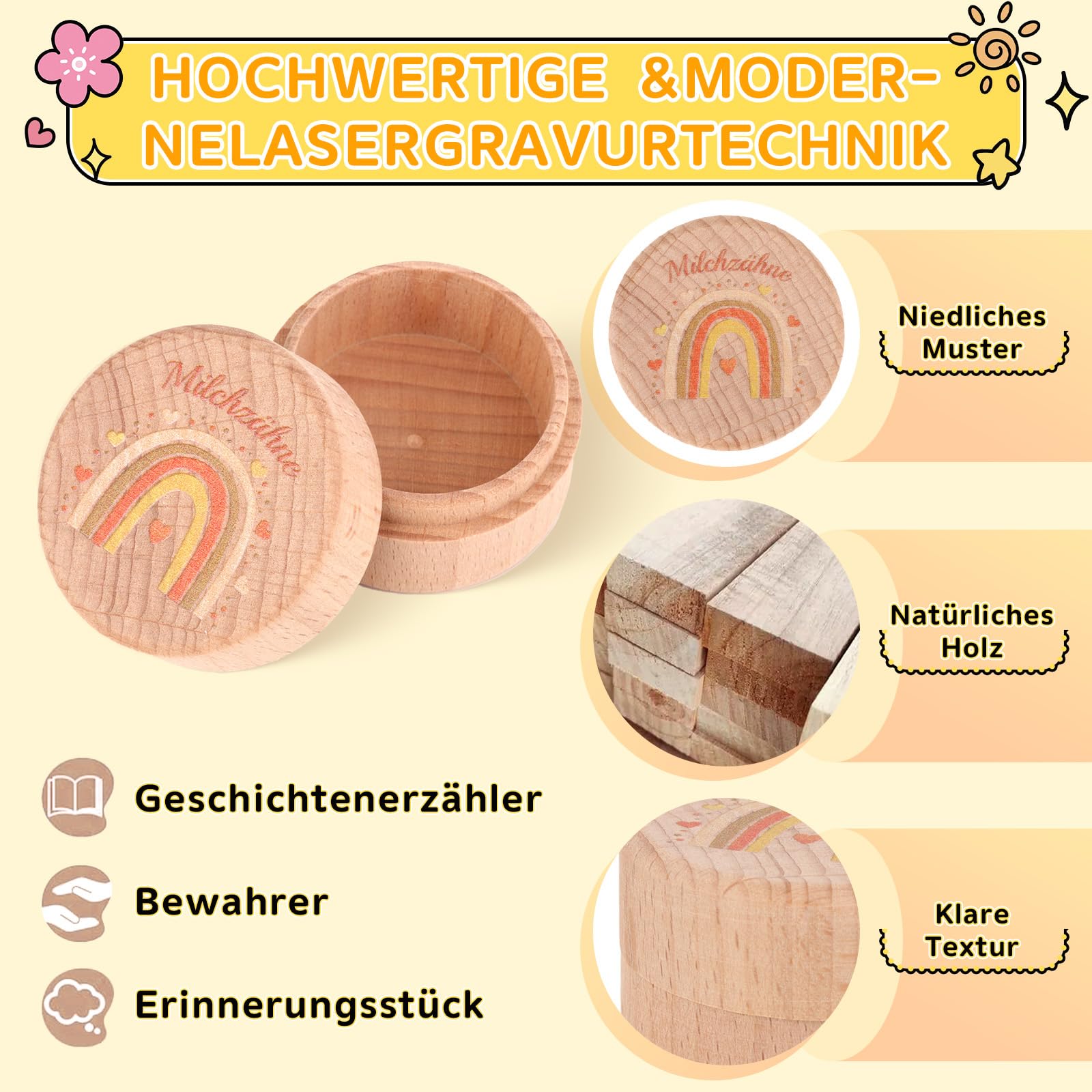 Furforstk Boîte à Dents De Lait 2 Pièces - Motif Dinosaure Et Arc-en-Ciel Avec Clips Bois