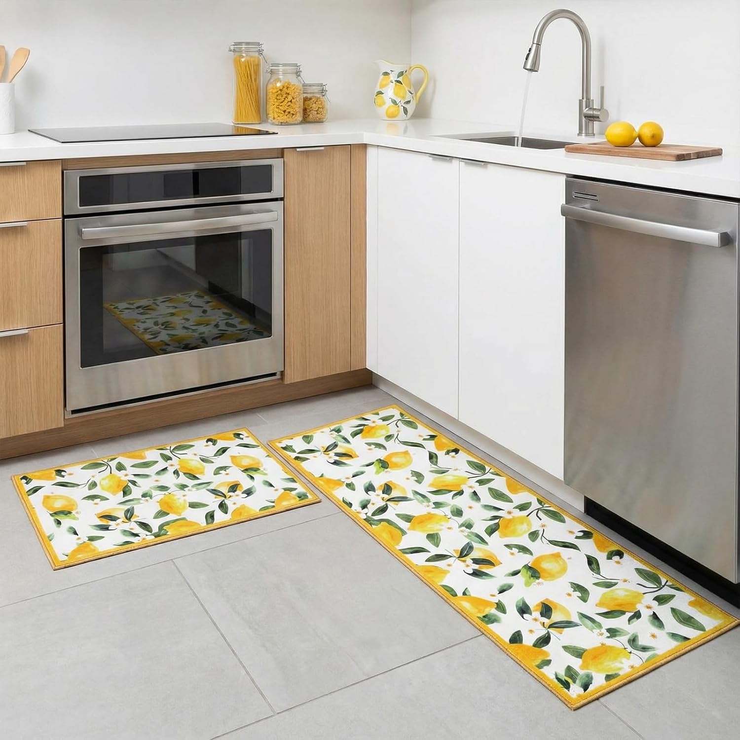 Sliner White 2 Pcs Lemon Kitchen Mats Lemon Kitchen Rugs for Floor Washable Soft Non Slip Carpet for Bathroom Sink Laundry Decor, 17" x 30" + 17" x 47"